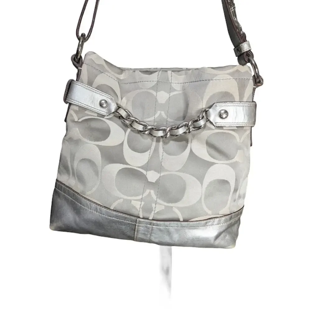 Coach Signature Sateen Convertible Duffle F18862 Silver Metallic Crossbody